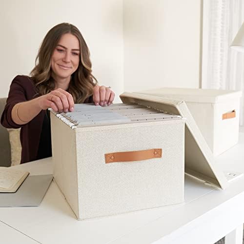Decorative File Organizer Box Set of 2 - Collapsible Linen Filing Cabinets