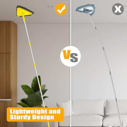 Wall Mop with Long Handle 80 Inches, Upgraded 180° Collapsible Baseboard Cleaner Tool with Squeegee, Ceiling Duster with 3 Microfiber and 3 Chenille Pads for Cleaning Window, Cabinet (Yellow)