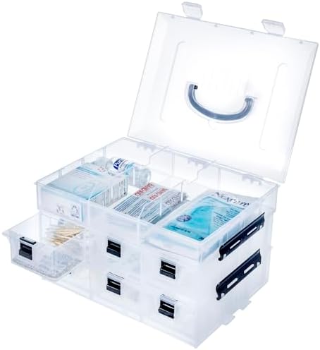 11 Inch Clear Plastic Storage Box Container, Arts and Crafts Sewing Supplies Organizer Case with Black Accents, 24 Customizable Compartments, and 6 Drawers with Removable Dividers
