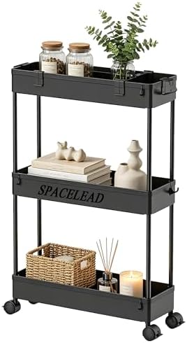 Slim Storage Cart 3 Tier,Bathroom Organizer Rolling Utility,Mobile Shelving Unit Slide Out for Office, Kitchen, Laundry Room & Narrow Places,Black