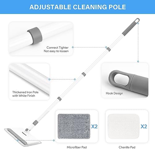 Baseboard Cleaner Tool with Handle, Baseboard Cleaner with Extendable Long Handle, 4 Reusable Cleaning Pads Wall Cleaner for Baseboards Cleaning, Ceiling, Wall, Floor, Shower Bathroom Kitchen