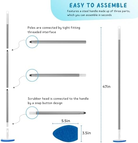 Shower Scrubber, Bathroom Tub and Tile Cleaner Brush with Long Handle, 47'' Bathtub Cleaning Tool with 6 Refill Pads