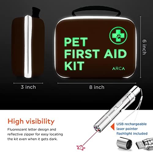 Cat & Dog First Aid Kit - High Visibility Reflective Zipper with Fluorescent Letter Print - 100 pcs with Dog Thermometer, Tick Remover Kit & Pet First Aid Kit Manual Book