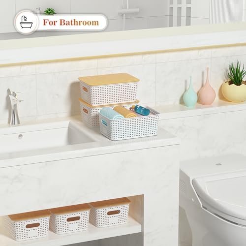 6 Pack Plastic Storage Baskets with Bamboo Lids for Organization