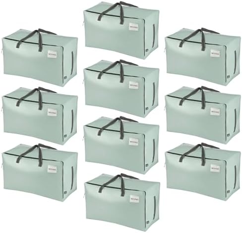 10 Pack Extra Large Heavy Duty Moving Bags with Wide Opening & Reinforced Handles, Reusable Storage Tote Bags with Strong Zippers for Clothes, College Dorm Essentials & Moving Supplies