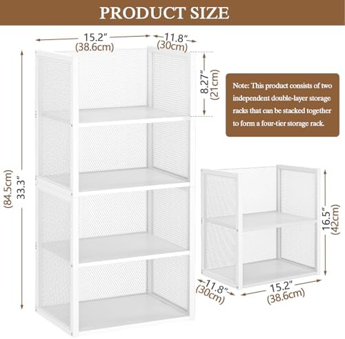 4-Tier Stackable Closet Organizers and Storage Basket, Wire Clothes Shelf Organizer Bins, Sweater Storage for Wardrobe Cupboard, Multifunctional Cube Storage Box for Kitchen Bath Laundry Room, White