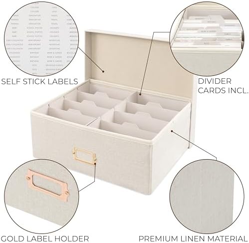Decorative Photo Storage Box - Sturdy Linen Organizer Holds 1700 Photos
