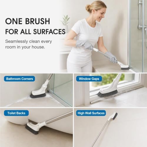 Multifunctional Extendable Long Handle Floor Scrub Brush, Curved Toilet Brush Head, 15.16"-45.28" Stainless Steel Handle, Detachable Bathroom Cleaning Brush (1pcs)