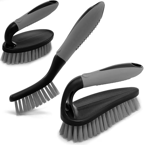 Scrub Brush Set of 3pcs - Cleaning Shower Scrubber with Ergonomic Handle and Durable Bristles - Grout Cleaner Brush - Scrub Brushes for Cleaning Bathroom/Shower/Tile/Kitchen/Floor/Bathtub/Carpet