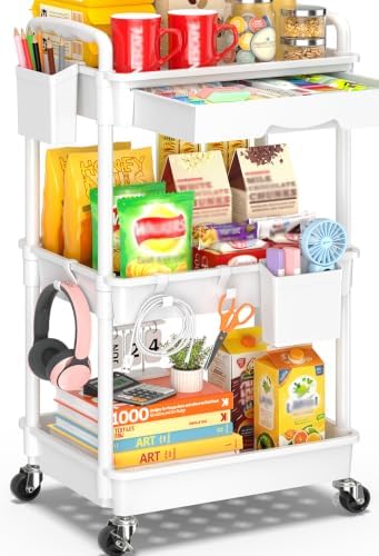 3 Tier Rolling Cart with Drawer, Craft Storage Cart Organizer,White