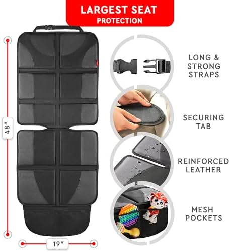 XL Car Seat Protector - 2 Pack Car Seat Cover for Child Carseat with Thickest Padding, 600D Oxford, Waterproof & Durable Fabric, Non-Slip Back, 2 Mesh Storage Pockets, Black