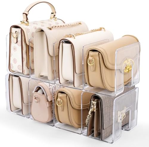 2 Pack Acrylic Purse Organizer for Closet, 8-Slot Bag & Purse Organizer, No Assembly, Clear Handbag Storage Shelf.for Shelf Divider Handbags, Clothes, Sweater