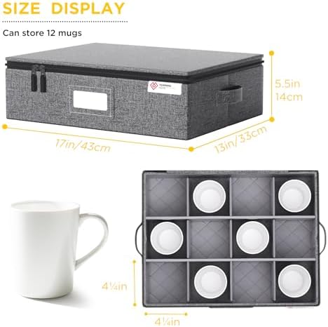 Cup and Mug Storage Box 2 Pack with Hard Shell and Dividers for Coffee Mugs,Tea Cups and Glasses,Stackable Storage Organizers with Lid,Handles,Zips and Label for Moving,Holds 24, Grey