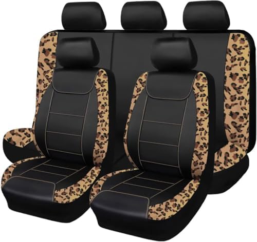 Car seat Covers Protects Leopard Printing Velvet Faux Leather Carbon Fiber Front and Rear Bench (Leopard Brown Black, Full Set - 8PCS)