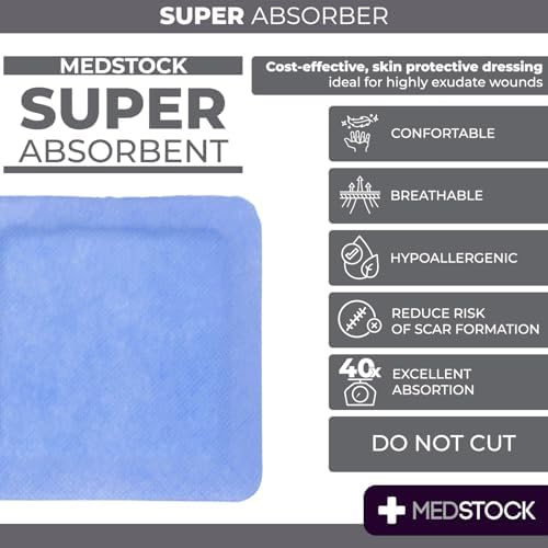 Super Absorber Dressing, 4"x4" (Pack of 10), Wound Care, Ultimate Absorption, Holds Extra Volumes of Exudate, Less Frequent Dressing Changes, Reduces Damage Risk & Maceration