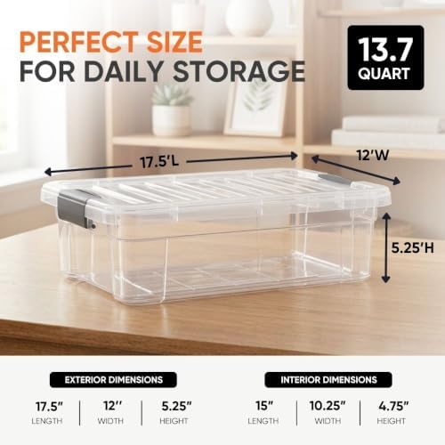 13.7 Qt Clear Plastic Storage Bins with Lids and Latches, Organizing Containers, Stackable Plastic Bin for Home, Garage, School, and Office