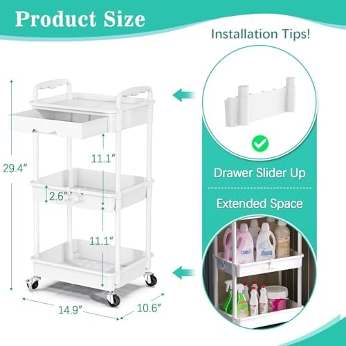 3 Tier Rolling Cart with Drawer, Craft Storage Cart Organizer,White