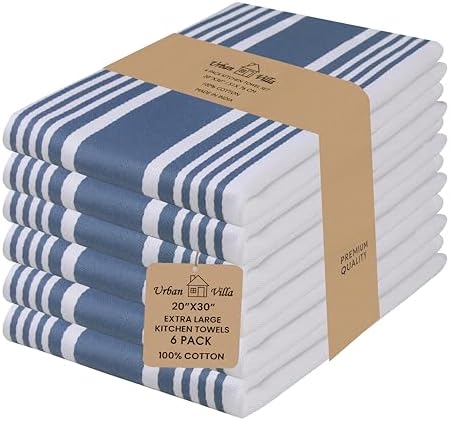 Cotton Kitchen Towels Dishtowels Set of 6 20x30 In- Blue/White