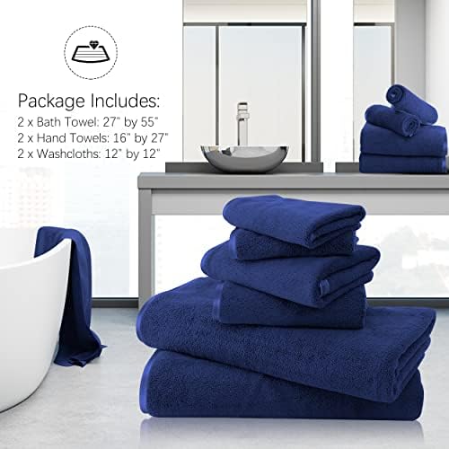 Luxury Silk Hemming Towel Set - Light Thin Quick Drying - 2 Bath Towels 2 Hand Towels 2 Washcloths - Ultra Soft Microfiber Towel for Bath Fitness, Sports, Yoga, Travel (Navy Blue 6 Pieces)