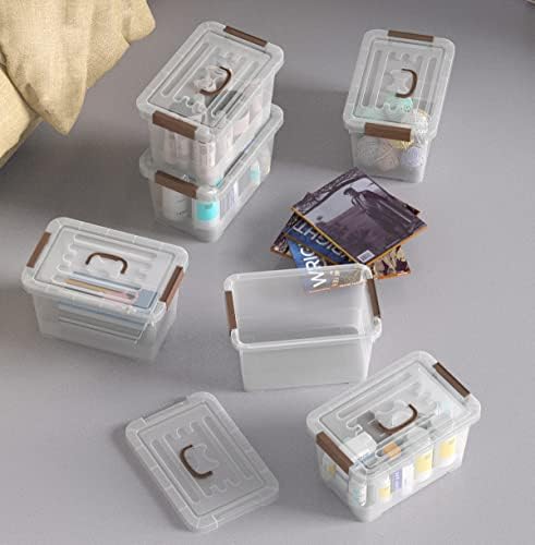6-Pack Clear 7 Quart Storage Latch Box/Bins, Plastic Stackable Latching Box with Brown Handle and Lid, Multi-Purpose, 7 Litre