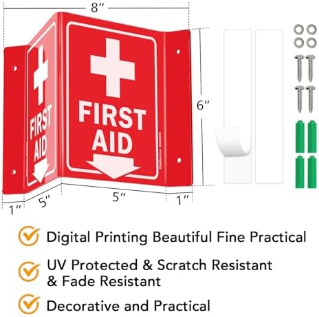 First Aid Sign, 5 Pack First Aid with Cross Symbol - 6 x 8 Inches V-Shaped Acrylic Plastic, 4 Pre-Drilled Holes, Includes Matching Screws, Use for Home Office/Business