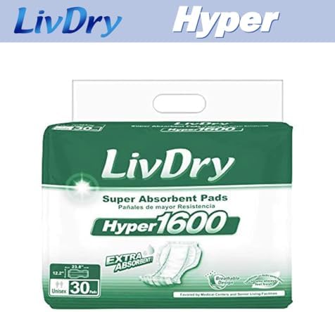 High Absorbency Pad Insert for Incontinence Briefs and Adult Diaper Booster, Women and Men, Hyper 1600 (30 Count)