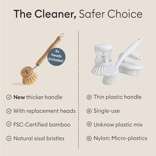 Bamboo Dish Brush with 3 Replacement Heads, Natural Fiber Bristles