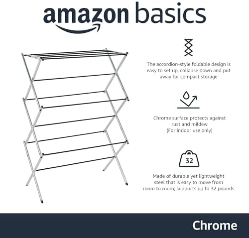 Foldable Portable Metal Clothes Drying Rack for Indoor Air Drying, Energy Saving, 14.5 x 29.5 x 41.8 inches, Chrome Silver
