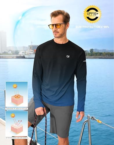 Men's Sun Protection UPF 50+ Grid Swim Long Sleeve Rash Guard SPF UV Shirts