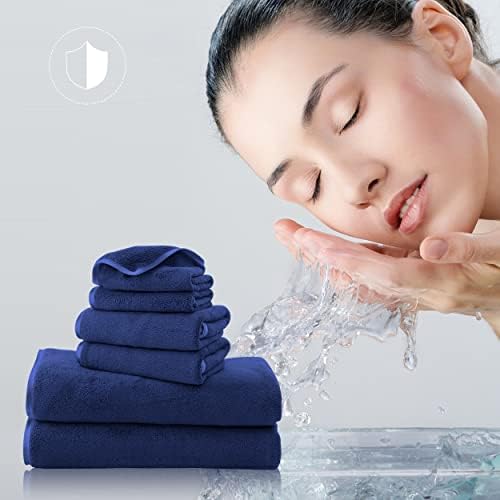 Luxury Silk Hemming Towel Set - Light Thin Quick Drying - 2 Bath Towels 2 Hand Towels 2 Washcloths - Ultra Soft Microfiber Towel for Bath Fitness, Sports, Yoga, Travel (Navy Blue 6 Pieces)