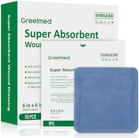 Super Absorbent Wound Dressing Pads Size 6"x 6" 10 Individual Pack Soft Highly Absorbent Dressing Non Stick Gauze Pads for Heavily Exuding Wound Care Reduce Leakage and Skin Maceration
