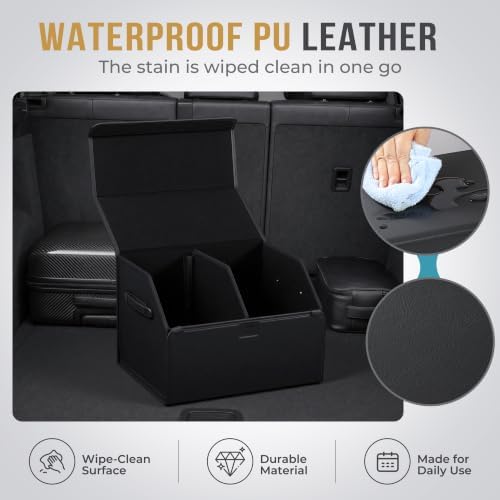 Car Trunk Organizer for SUV & Sedan - Magnetic Lid, Large Capacity PU Leather Waterproof Foldable Storage Box, Adjustable Dividers and Side Handles, Tools, Snacks & Auto Accessories, 16.5"x13"x11.4"