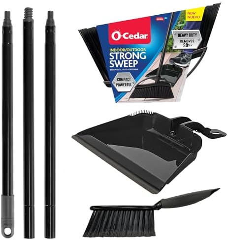 Strong Sweep Broom and Dustpan Set with Detail Brush | Indoor Outdoor Heavy Duty Stiff Bristle Broom | Step-On Dust Pan