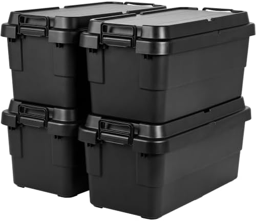 74 QT Storage Bins with Lids, Heavy Duty, Black, Stackable, 4-Pack