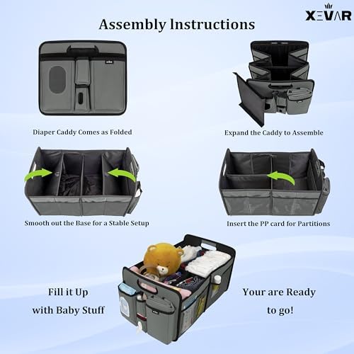 Baby Car Diaper Caddy Organizer with Changing Pad - Portable Car Caddy for Newborn Essentials, Diapers & Wipes, Perfect for Baby Shower and New Mom | Oxford Fabric, Grey
