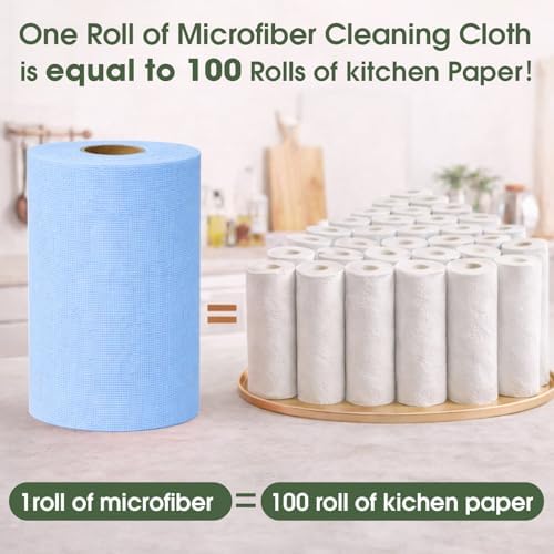 Microfiber Cleaning Cloth Roll - 100 Pack Tear Away Microfiber Paper Towels, Reusable, Washable, Scratch-Free, Kitchen Towels for Car, Home, Kitchen, Glass, Dishes (Blue)