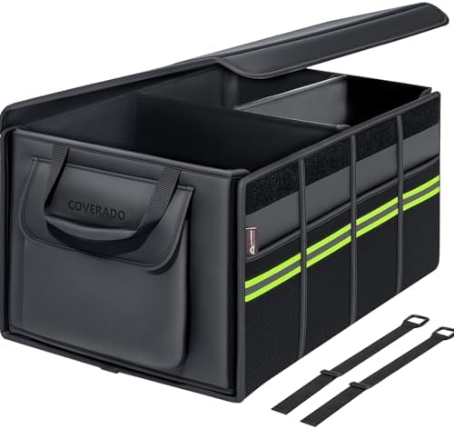 Car Trunk Organizer - 70L Nappa Leather Trunk Organizer for SUV with Lid, Multi Collapsible Car Storage Organizer Foldable, Multi Compartments with 2 Straps for SUV/Truck