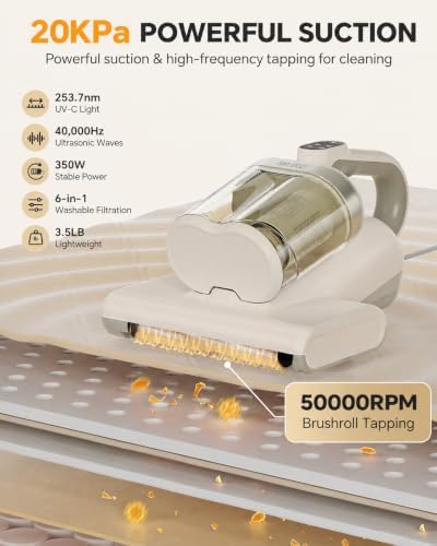 Mattress Vacuum Cleaner, 20000Pa Bed Vacuum with 253.7nm UV-C Light