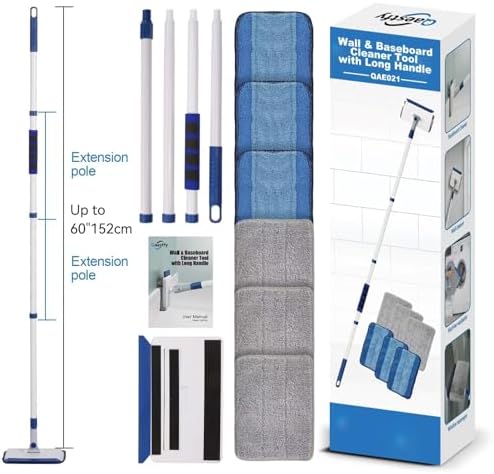 Baseboard Cleaner Tool with Handle, Wall Floor Mop with Extendable Long Handle Duster for Cleaning Window, Floor, Skirting Board, Ceiling, Shower, Tub Tile, Kitchen with 6 Reusable Pads