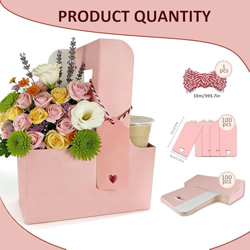 100 Pack Pink 2 Cup Drink Carrier with Handle, Disposable Cardboard Coffee Cup Holder for Hot or Cold Drinks, Coffee Carrier with Ribbon & Card for Food Delivery, Takeout and Bouquet Arrangement
