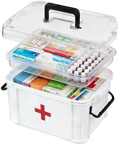 15QT Clear Medicine Organizer Box with Handle, Plastic Medicine Container with Tray First Aid Box Empty, Thickened Medicine Storage Organizer Multipurpose Medication Organizer Storage, White
