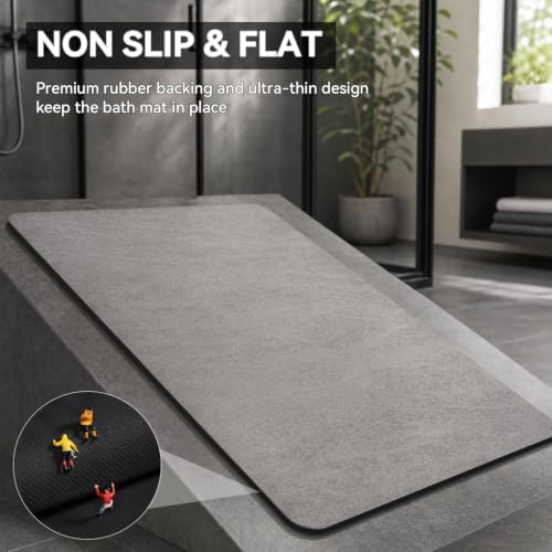 Bath Mat-Rubber Backing Non SlipThin Bathroom Rugs Fit Under Door- Quick Dry Absorbent Faux Suede Surface Grey Bathroom Floor Mats-Shower Rug for in Front of Bathtub Shower Gray 16x24