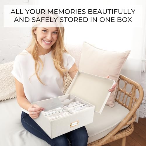 Decorative Photo Storage Box - Sturdy Linen Organizer Holds 1700 Photos
