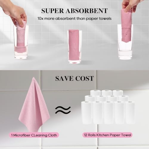 Microfiber Cleaning Cloth Roll 90 Pack, 12"×12", Reusable, Pink & Grey