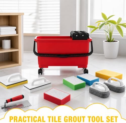 12 Pack Grout Cleaning System Set, 6 Gallon Grouting Bucket with 3 Spiral Rollers, 2 Rubber Floats, 2 Grout Sponges, 4 Diamond Hand Pads, Tile Trowel, Tiling Tools for Ceramic Tile Work