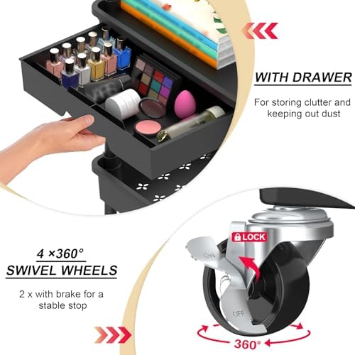 3 Tier Rolling Utility Cart Organizer with Removable Drawer, Black