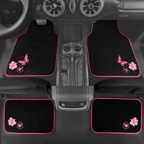 Embroidery Butterfly and Flower Car Floor Mats, Pink Car Floor Mats Universal Fit 95% Automotive,SUVS,Sedan,Vans,for Cute Women,Girly,Set of 4 (Black with Pink)