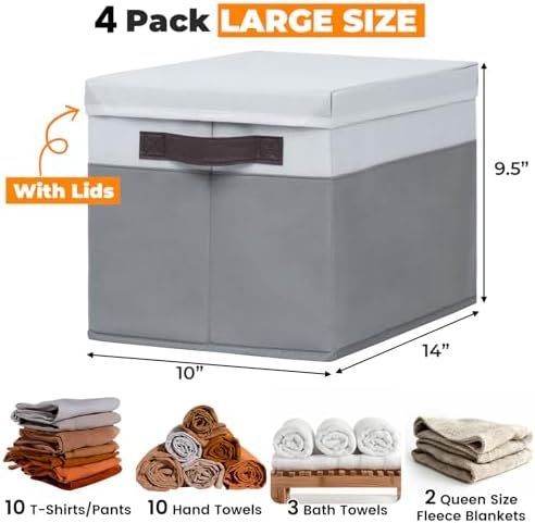 Large Closet Storage Baskets Bins with Lids 4 Pack, Storage Baskets for Organizing Shelves Nursery Bedroom, Home Dorm Closet Organizers Cubes for Clothes Toys Blanket Book - Stackable -14x10x9.5