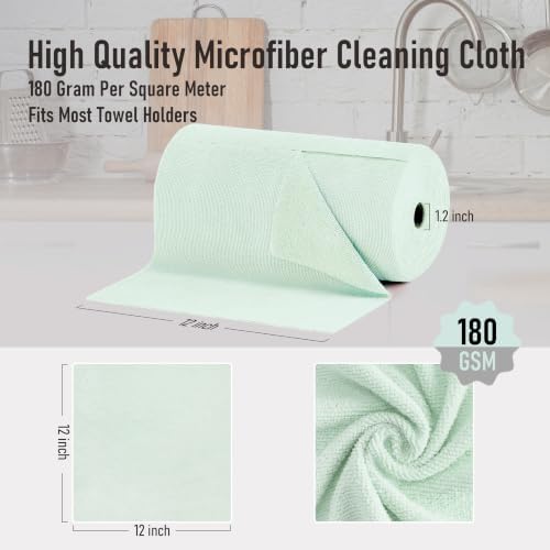 Microfiber Cleaning Cloth Roll, 75 Pack Tear Away, 12" x 12", Green