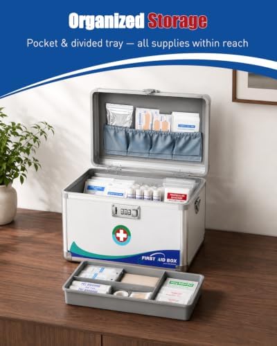 First Aid Kit (180 Supplies), Combo Lock Medicine Box, 12"x7"x7.5"